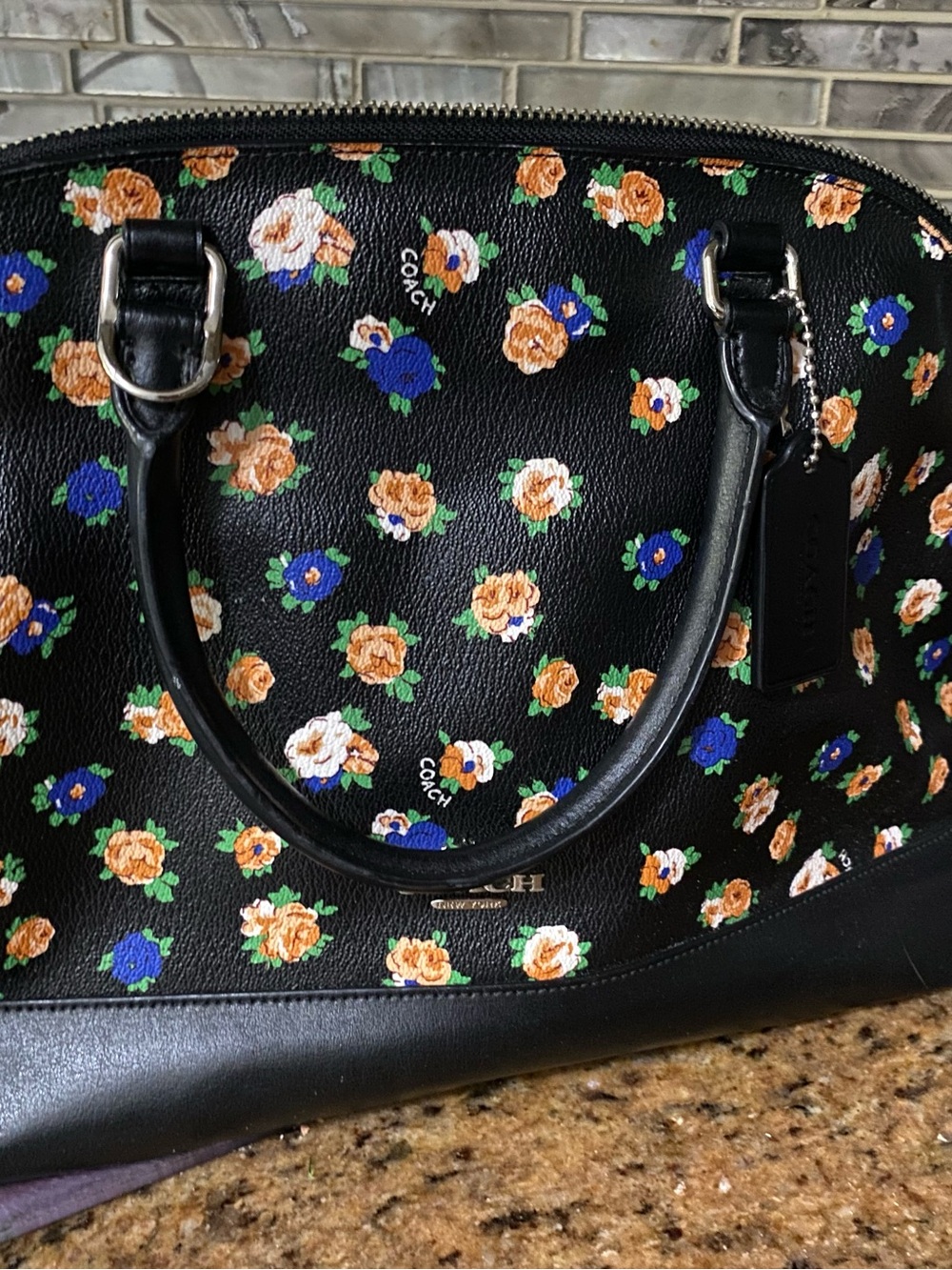 Coach Black Floral Dome Satchel - Black with Orange & Blue Flowers